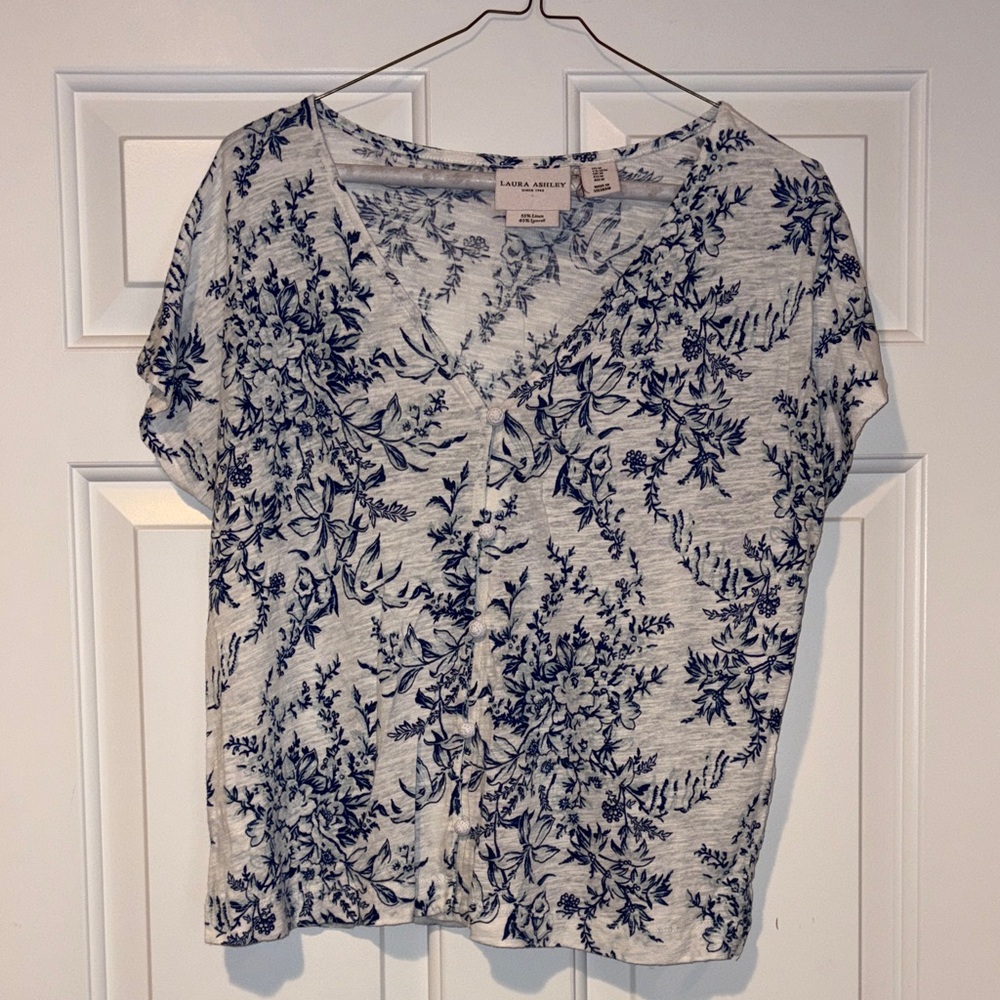 Laura Ashley Navy Floral Print V-Neck Short Sleeve Top